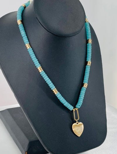 Turquoise Heart and Moon Beaded Necklace